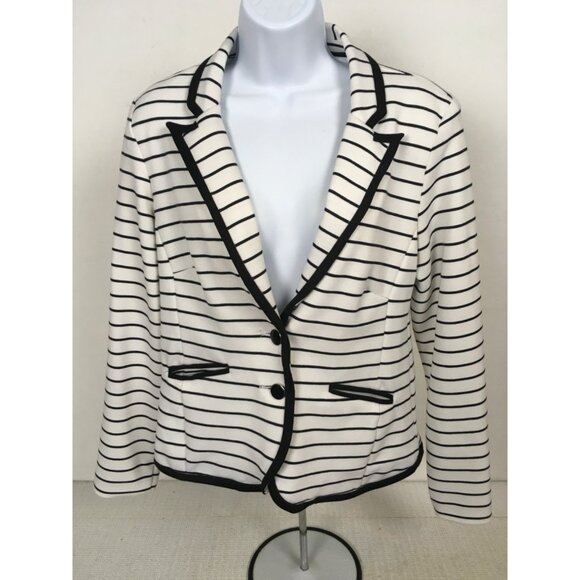 Convington Blazer Jacket Women Size M White with Black Stripes Pockets 2 Buttons - Picture 1 of 12